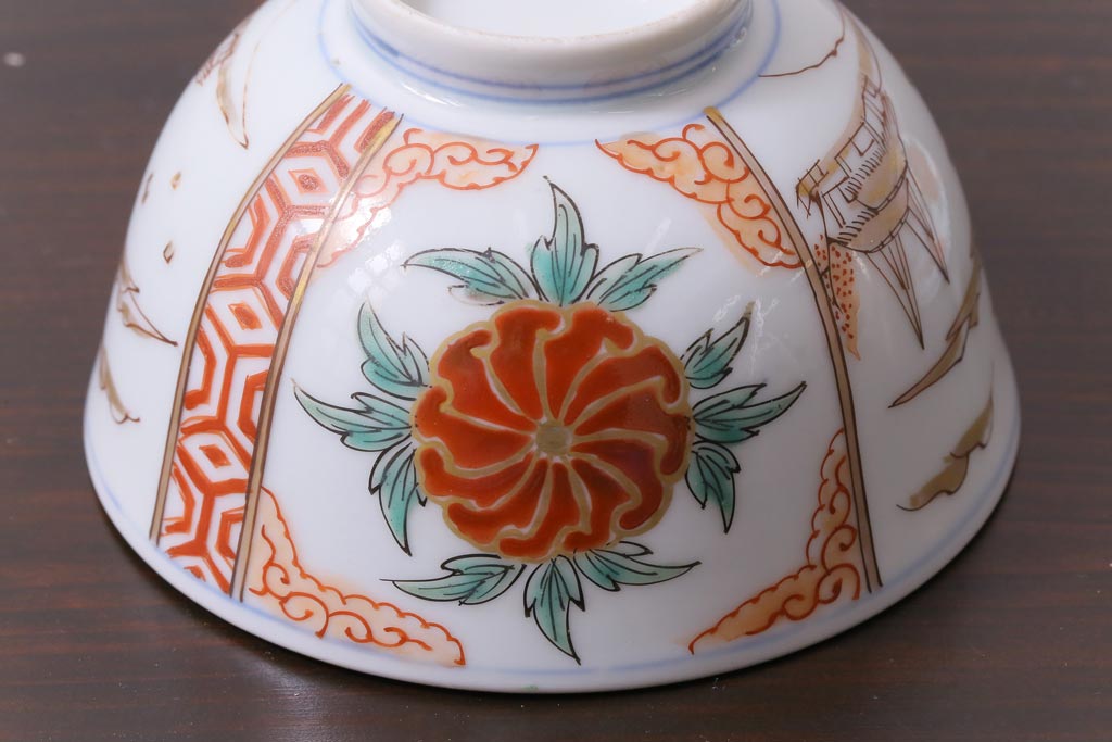 和製アンティーク　古伊万里　江戸期　華やかな色絵染付の蓋つき茶碗2客セット(和食器)