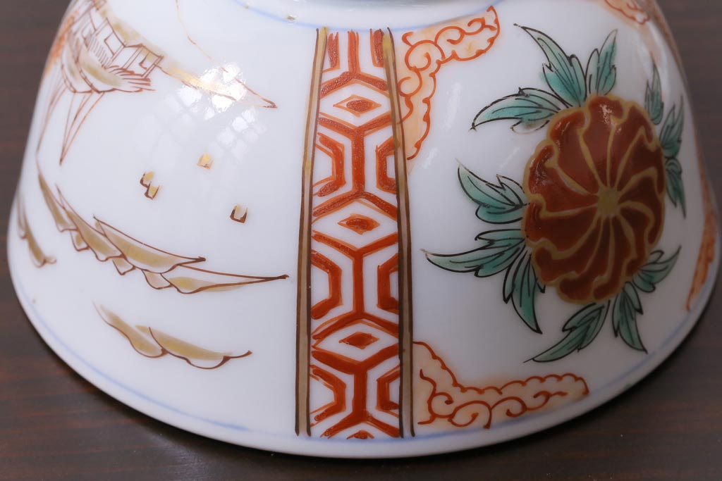 和製アンティーク　古伊万里　江戸期　華やかな色絵染付の蓋つき茶碗2客セット(和食器)
