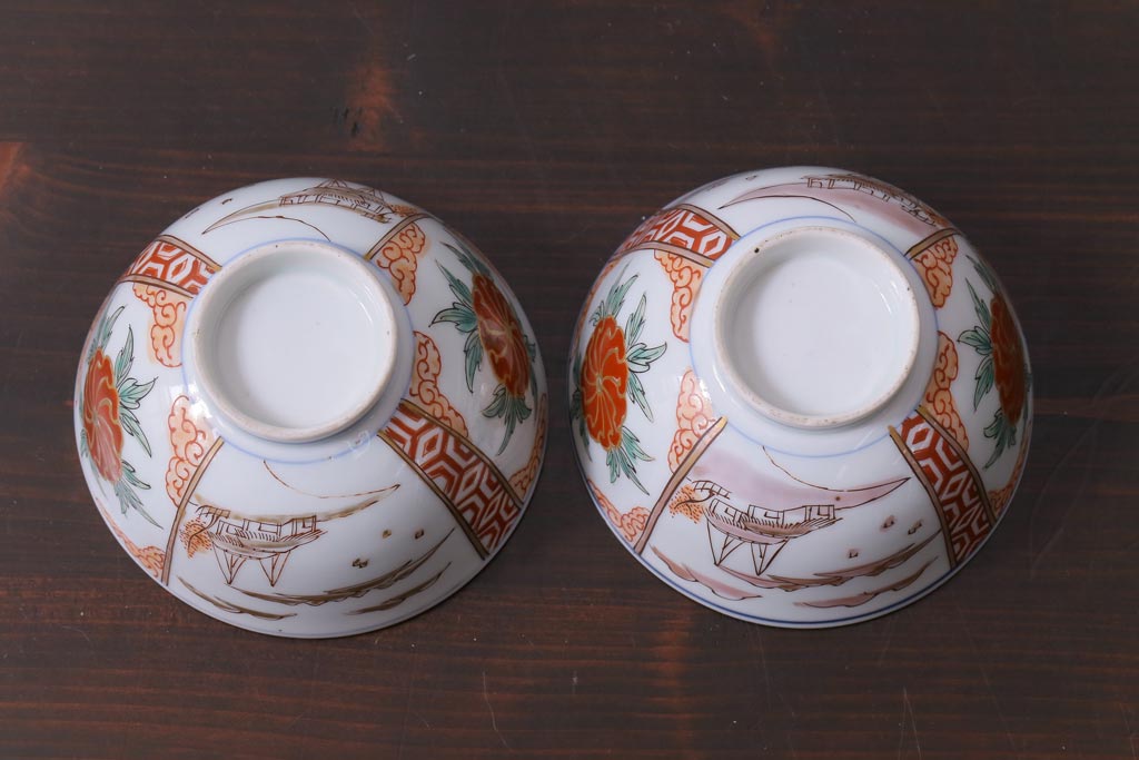 和製アンティーク　古伊万里　江戸期　華やかな色絵染付の蓋つき茶碗2客セット(和食器)