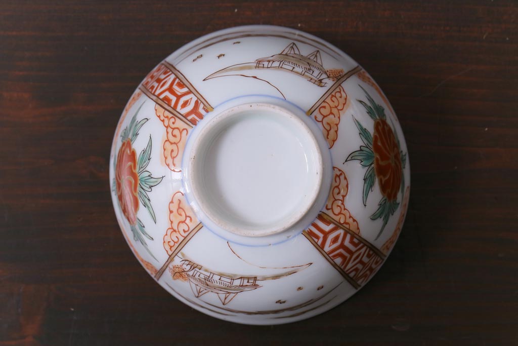 和製アンティーク　古伊万里　江戸期　華やかな色絵染付の蓋つき茶碗2客セット(和食器)