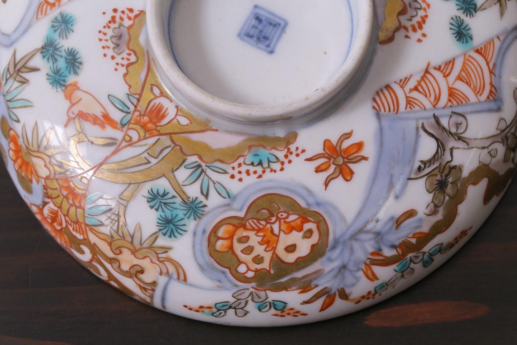 和製アンティーク　花鳥図　上品で鮮やかな色合いの蓋付き茶碗3客セット(和食器)