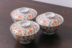 古民具・骨董　江戸期　上品な雰囲気の色絵蓋付茶碗(和食器)3客セット