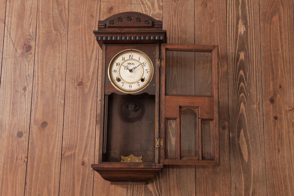アンティーク雑貨　和製アンティーク　小栗時計製造所　IDEAL(アイデアル)　凝った意匠がクラシカルな柱時計(掛け時計、振り子時計)
