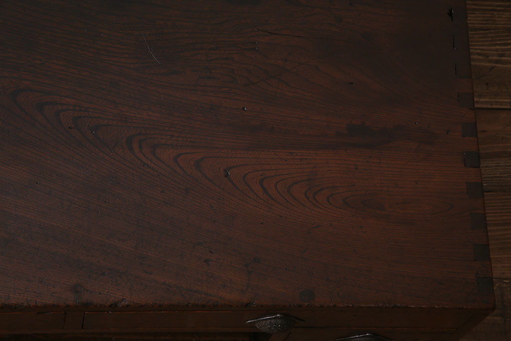 アンティーク家具　大正昭和初期　総ケヤキ材　天板に一枚板が贅沢に使われた両袖文机(両袖机、帳場机)(R-035827)