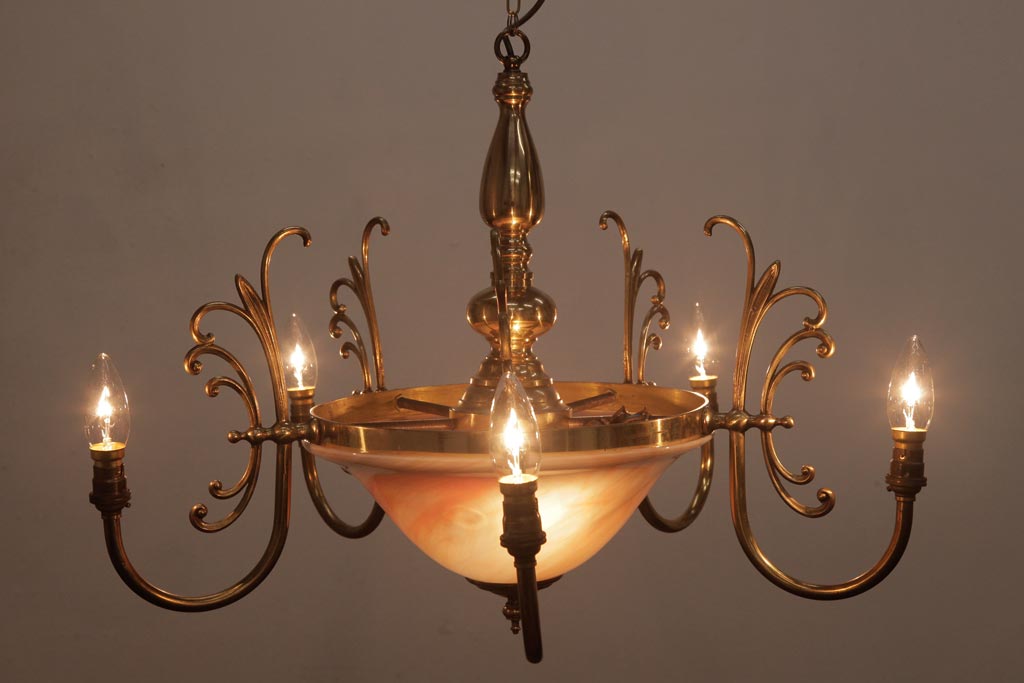 ヨーロッパ　真鍮製　マーブルガラスがおしゃれなビンテージ6灯シャンデリア(ハンギングシャンデリア)