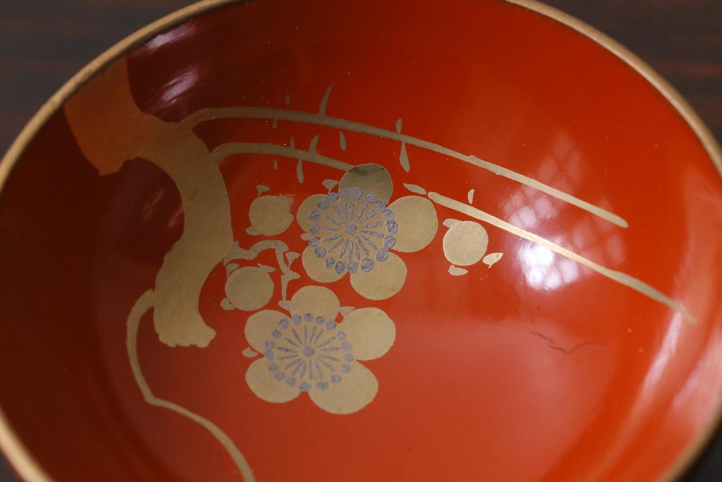 和製アンティーク　箱付き　木製　蒔絵　図変わり盃5つセット(漆器)