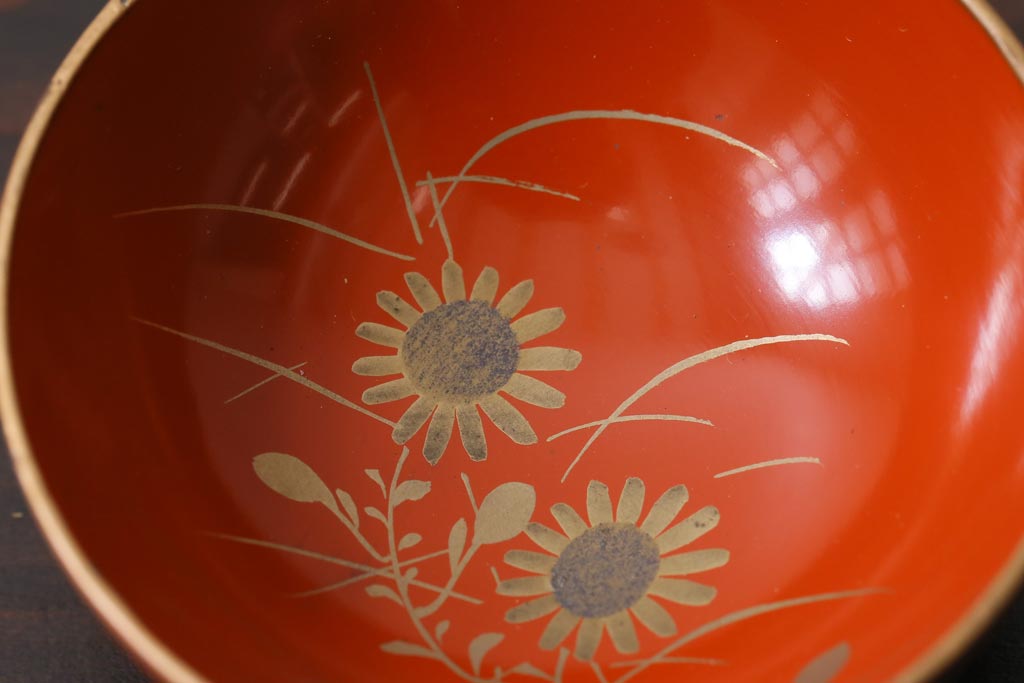 和製アンティーク　箱付き　木製　蒔絵　図変わり盃5つセット(漆器)