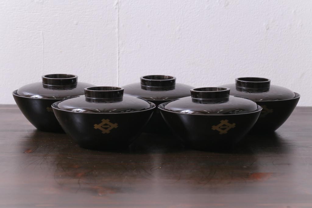 和製アンティーク　蒔絵　鴨　和モダンな蓋付き椀5つセット(お椀、漆器)(1)