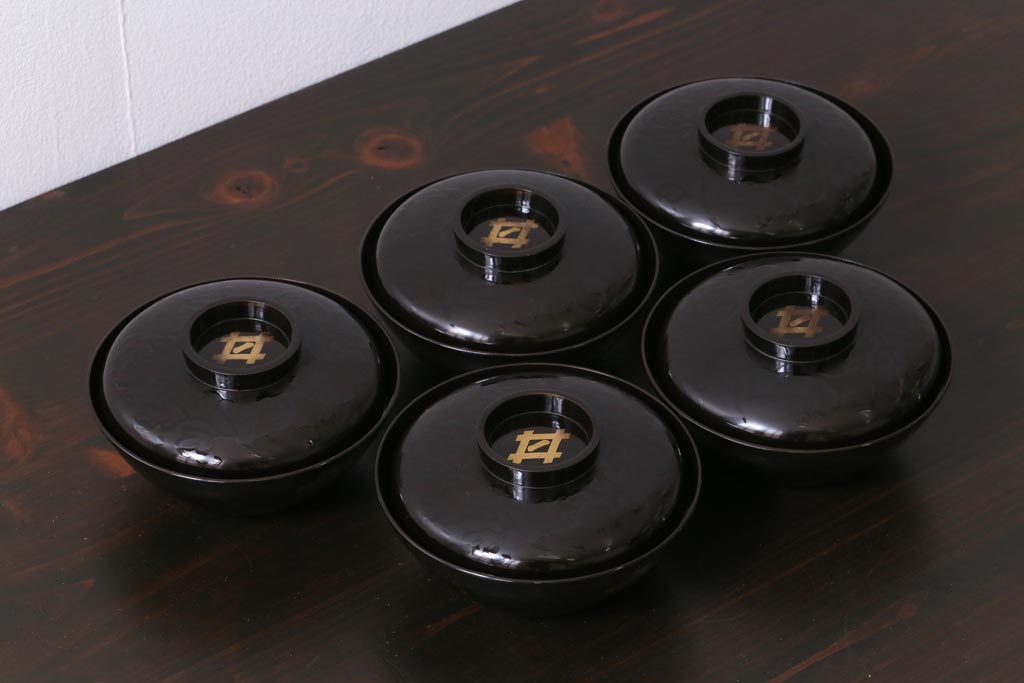 和製アンティーク　蒔絵　鴨　和モダンな蓋付き椀5つセット(お椀、漆器)(1)