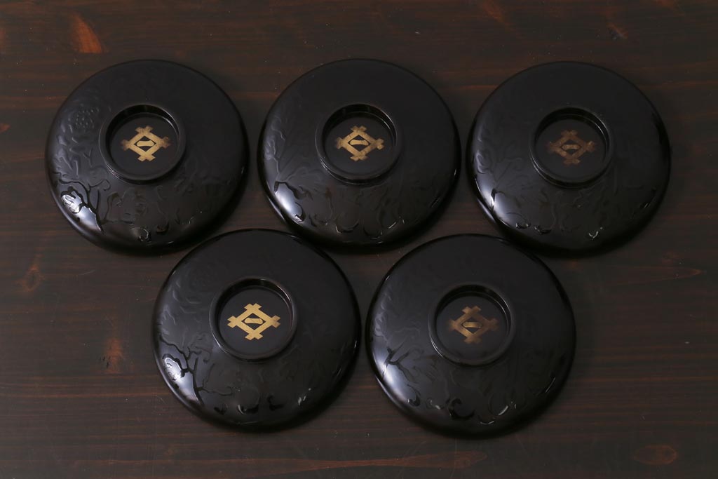 和製アンティーク　蒔絵　鴨　和モダンな蓋付き椀5つセット(お椀、漆器)(1)