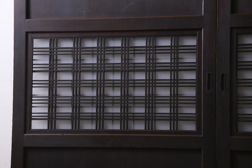 和製アンティーク　板ガラス裏障子留め　格子縞がレトロモダンな組子帯戸2枚セット(板戸)