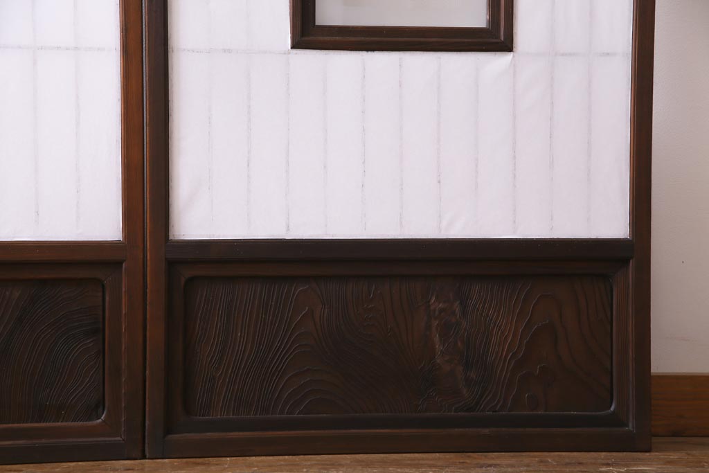 和製アンティーク　杉材　すっきりとした格子が美しい額入り障子戸4枚セット(引き戸、建具)