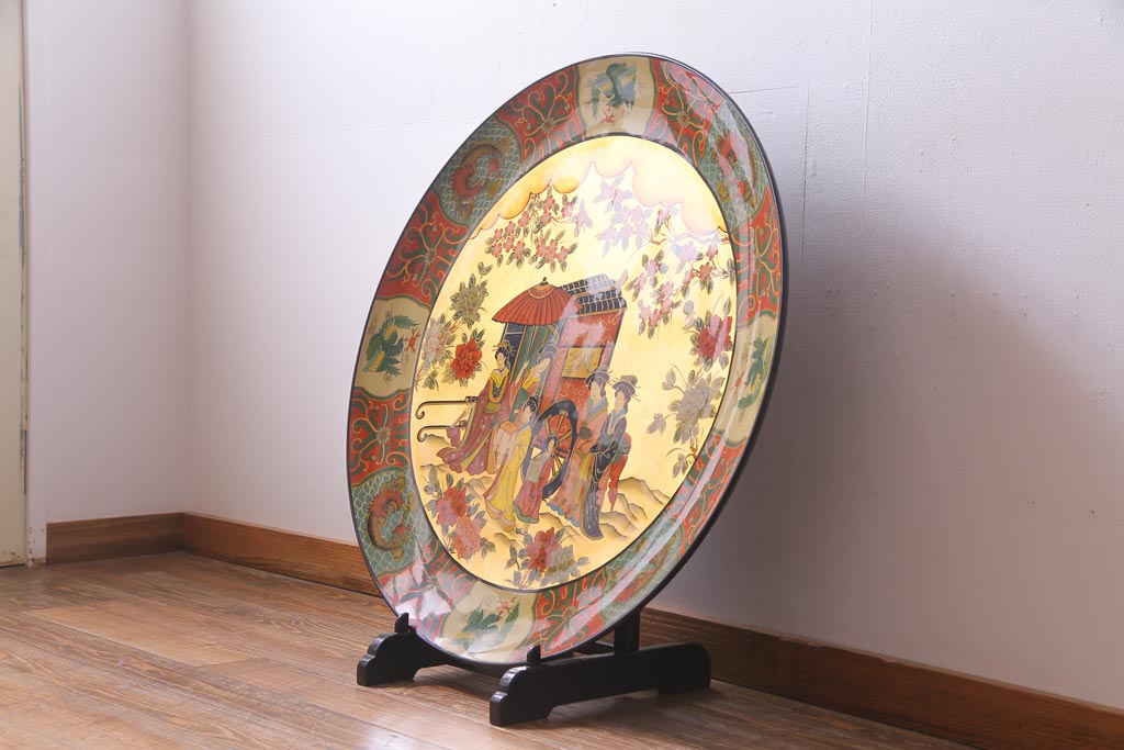 アンティーク雑貨　中古　木製　御所車図　圧巻!金漆装飾の3尺飾り盆(大盆)