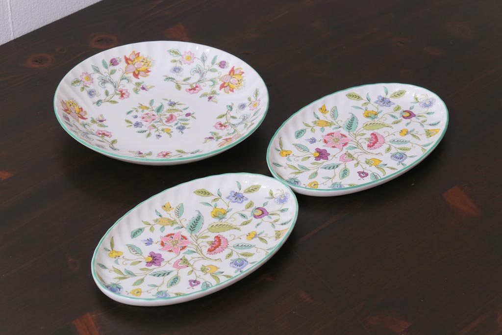 中古美品　イギリス　MINTON(ミントン)　Haddon Hall(ハドンホール)　プレート3枚セット(オーバルトレー、サービスボウル)