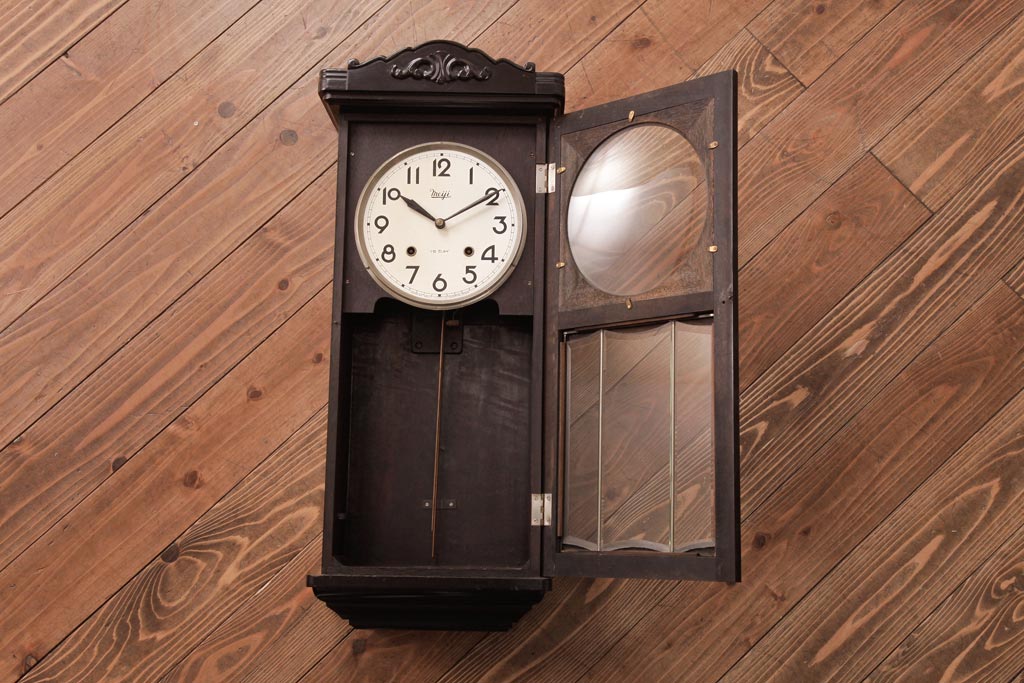 アンティーク雑貨　昭和レトロ　Meiji(明治時計社)　15DAY　ゼンマイ式　クラシカルな意匠が上品な柱時計(振り子時計、掛け時計)