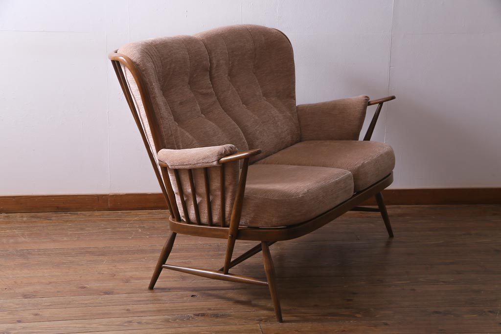 中古　イギリス　ヴィンテージ家具　ERCOL(アーコール)　エバーグリーン　2人掛けソファ(アームチェア、イージーチェア、ビンテージ)(定価約58万円)