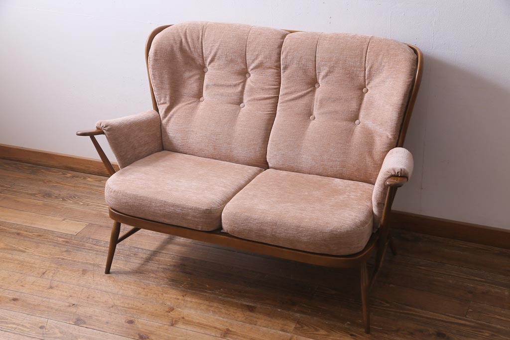 中古　イギリス　ヴィンテージ家具　ERCOL(アーコール)　エバーグリーン　2人掛けソファ(アームチェア、イージーチェア、ビンテージ)(定価約58万円)