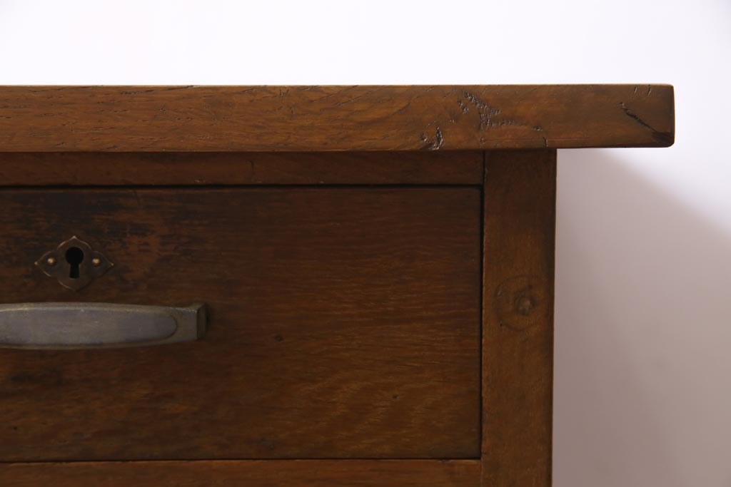 レトロ家具　昭和レトロ　薄型リメイク　ノスタルジックなナラ材製の片袖机(ワークデスク、在宅ワーク、在宅用)