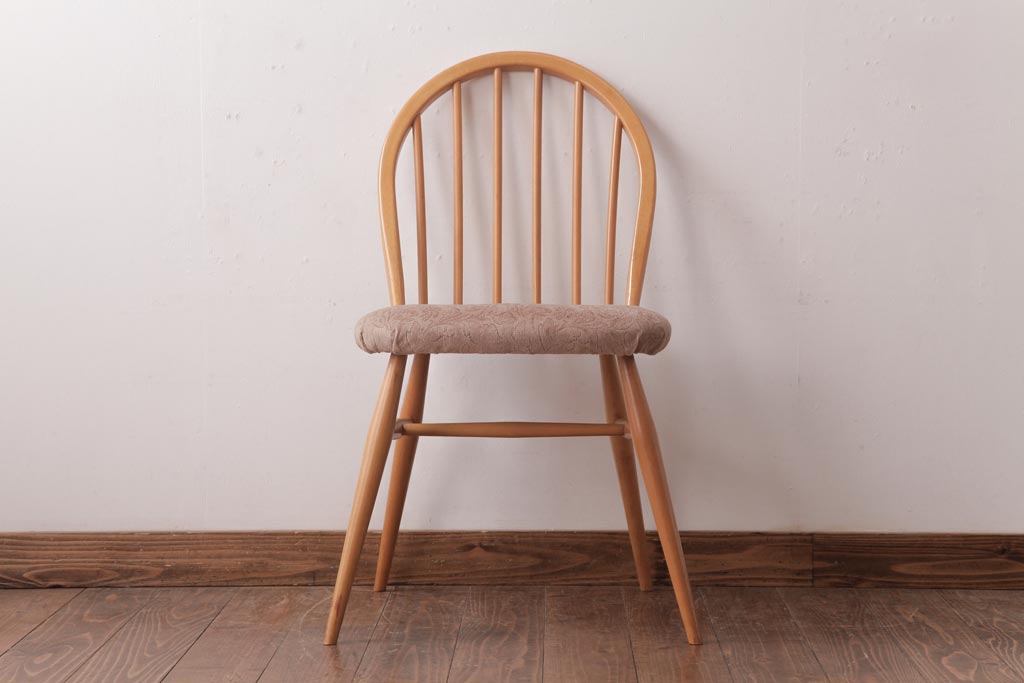 ヴィンテージ家具　イギリスビンテージ　ERCOL(アーコール)　フープバック　布張り座面のウィンザーチェア(ダイニングチェア、ワークチェア、椅子、ウインザーチェア)