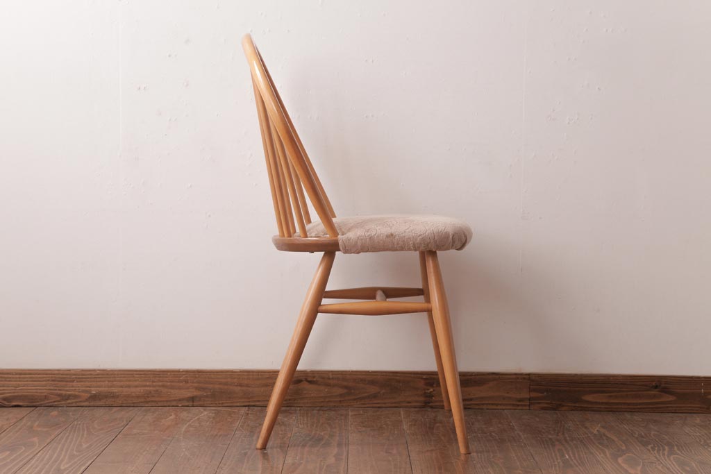 ヴィンテージ家具　イギリスビンテージ　ERCOL(アーコール)　フープバック　布張り座面のウィンザーチェア(ダイニングチェア、ワークチェア、椅子、ウインザーチェア)(1)