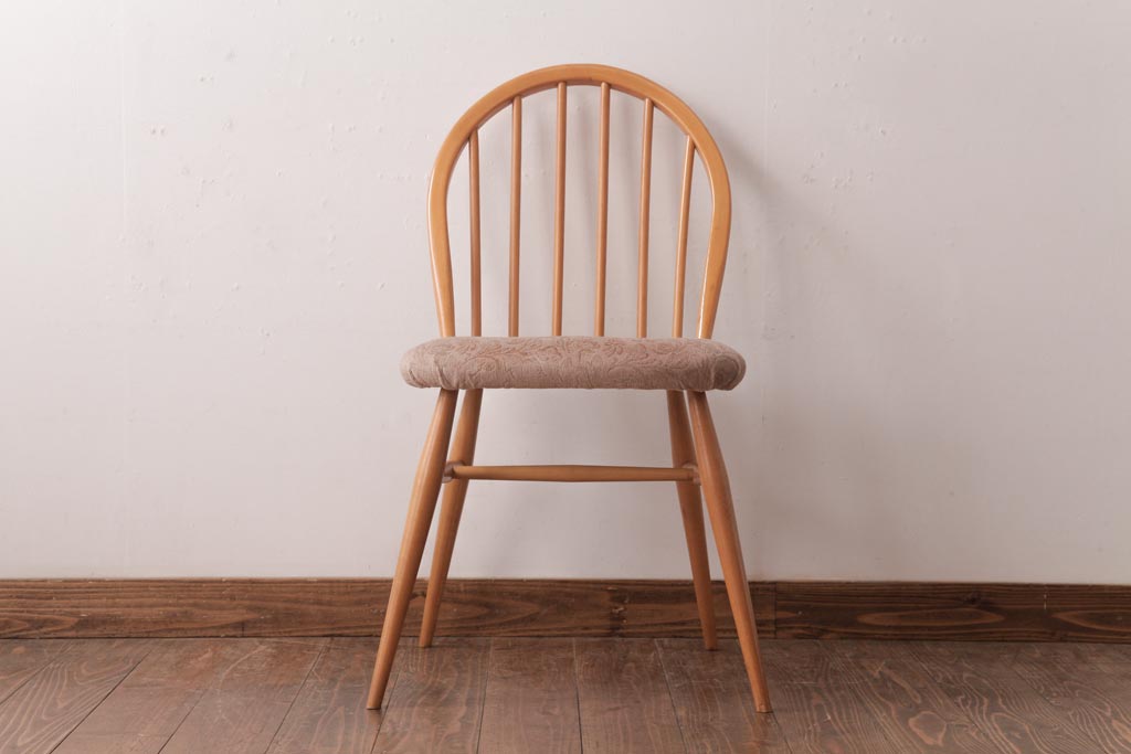 ヴィンテージ家具　イギリスビンテージ　ERCOL(アーコール)　フープバック　布張り座面のウィンザーチェア(ダイニングチェア、ワークチェア、椅子、ウインザーチェア)(2)