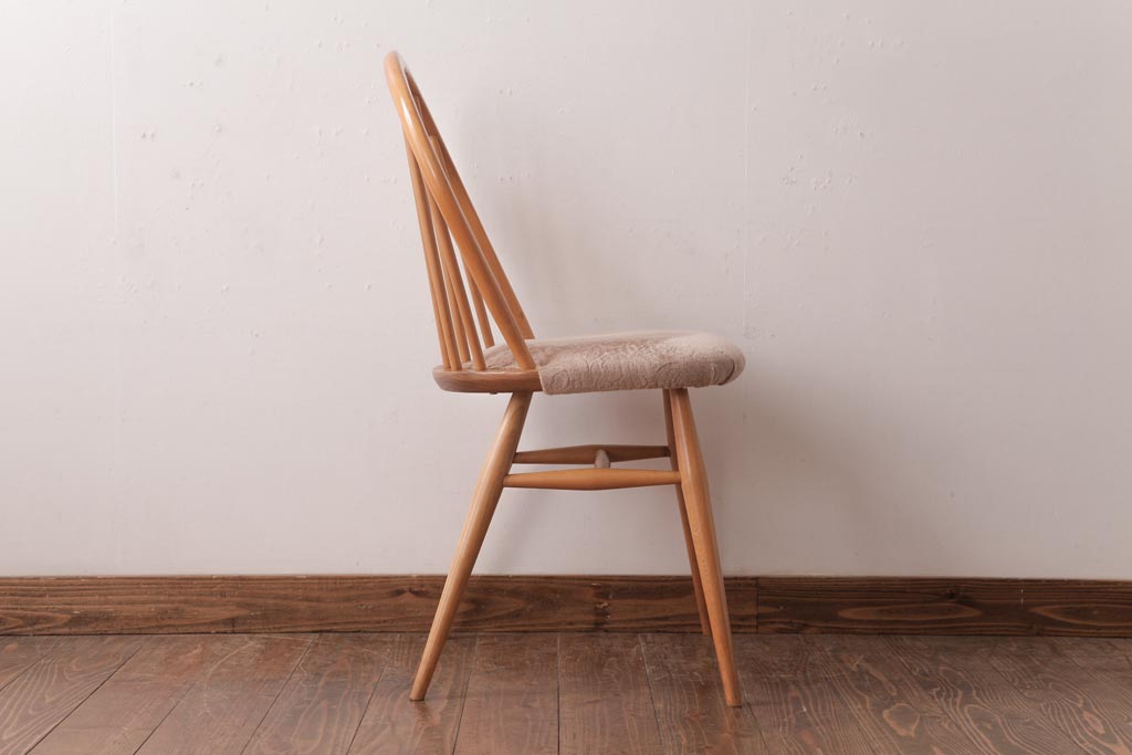 ヴィンテージ家具　イギリスビンテージ　ERCOL(アーコール)　フープバック　布張り座面のウィンザーチェア(ダイニングチェア、ワークチェア、椅子、ウインザーチェア)(2)