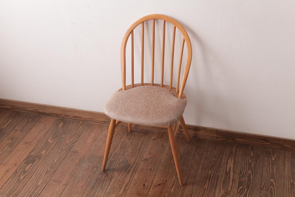 ヴィンテージ家具　イギリスビンテージ　ERCOL(アーコール)　フープバック　布張り座面のウィンザーチェア(ダイニングチェア、ワークチェア、椅子、ウインザーチェア)(2)