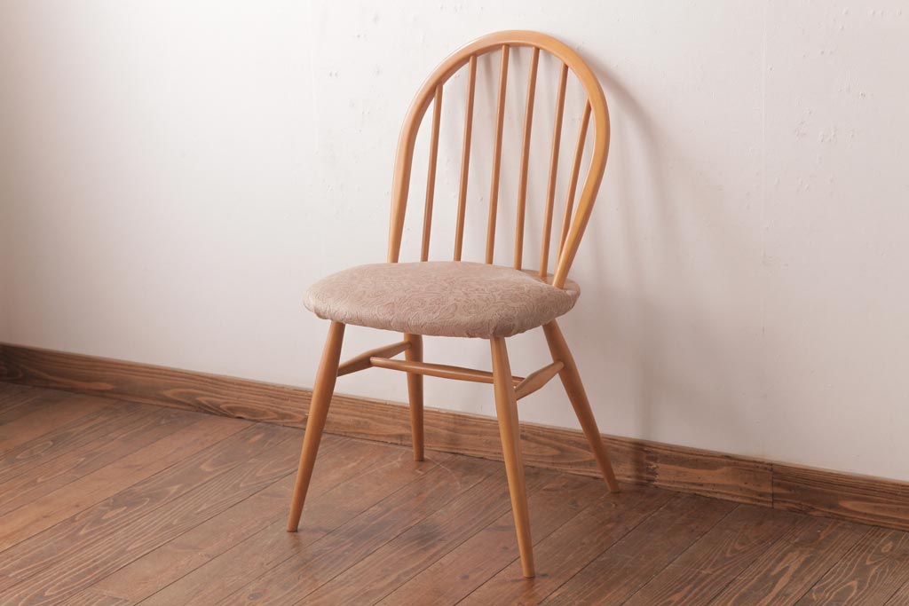 ヴィンテージ家具　イギリスビンテージ　ERCOL(アーコール)　フープバック　布張り座面のウィンザーチェア(ダイニングチェア、ワークチェア、椅子、ウインザーチェア)(3)