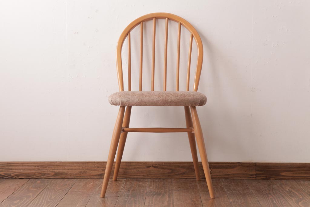 ヴィンテージ家具　イギリスビンテージ　ERCOL(アーコール)　フープバック　布張り座面のウィンザーチェア(ダイニングチェア、ワークチェア、椅子、ウインザーチェア)(3)