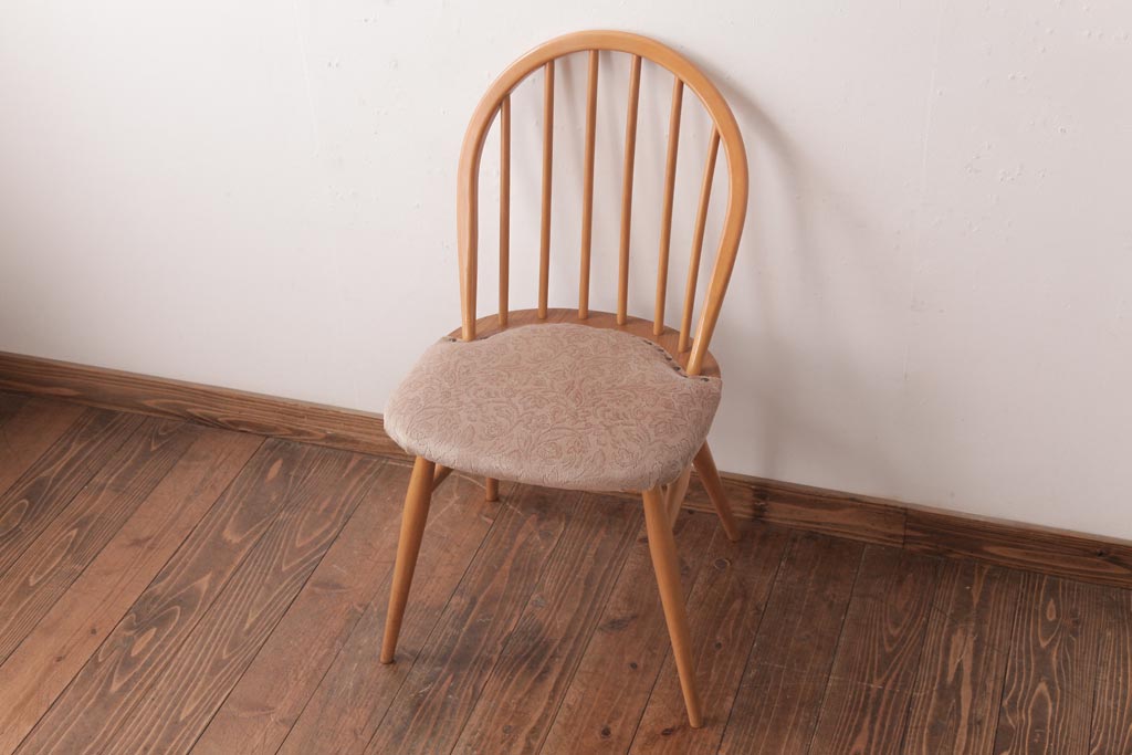 ヴィンテージ家具　イギリスビンテージ　ERCOL(アーコール)　フープバック　布張り座面のウィンザーチェア(ダイニングチェア、ワークチェア、椅子、ウインザーチェア)(3)