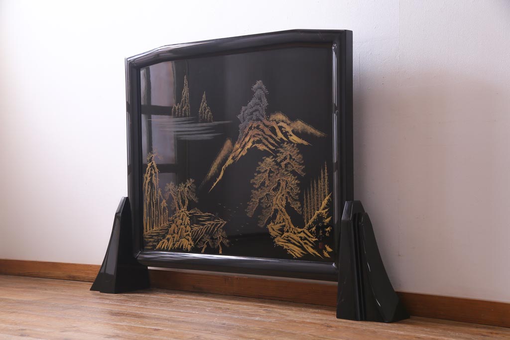 中古　伝統工芸　白峯作　漆塗り　鎗金・沈金蒔絵　山水図の衝立(パーテーション)