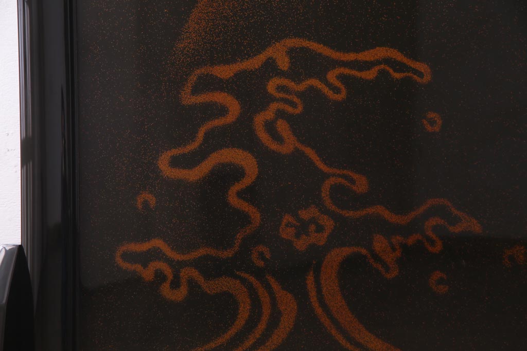 中古　伝統工芸　白峯作　漆塗り　鎗金・沈金蒔絵　山水図の衝立(パーテーション)