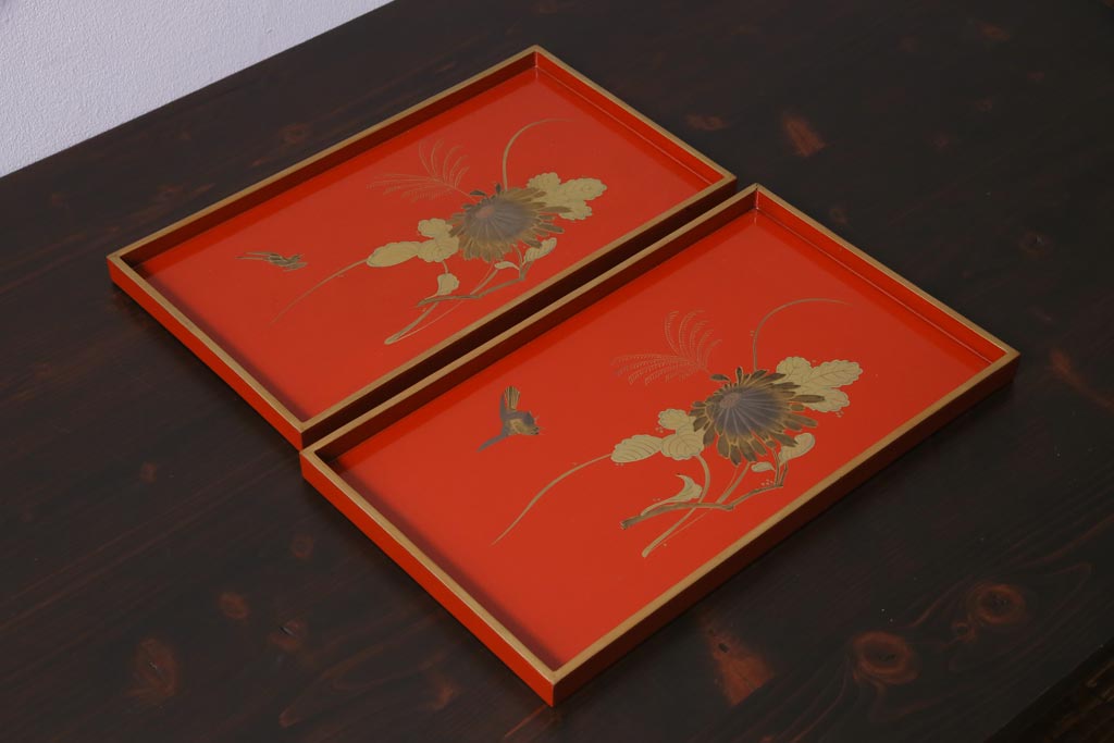 アンティーク雑貨　朱塗　金蒔絵　木製盆(漆器)