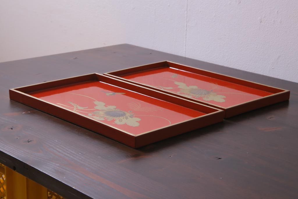 アンティーク雑貨　朱塗　金蒔絵　木製盆(漆器)