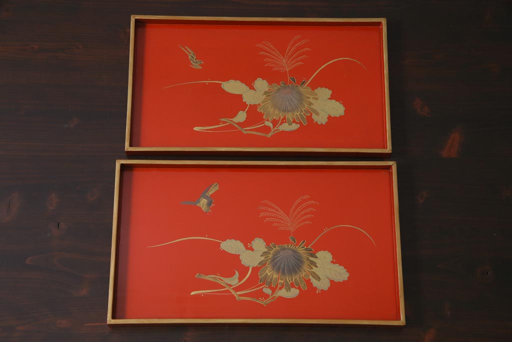 アンティーク雑貨　朱塗　金蒔絵　木製盆(漆器)