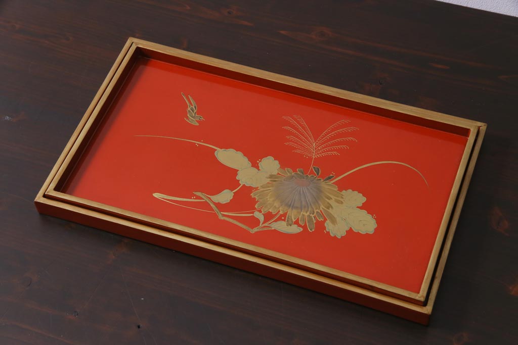 アンティーク雑貨　朱塗　金蒔絵　木製盆(漆器)