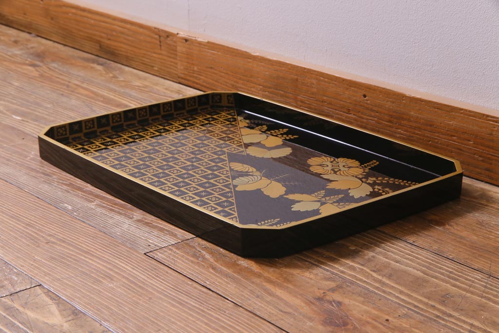 アンティーク雑貨　黒漆　桐文　金蒔絵　木製盆(漆器)