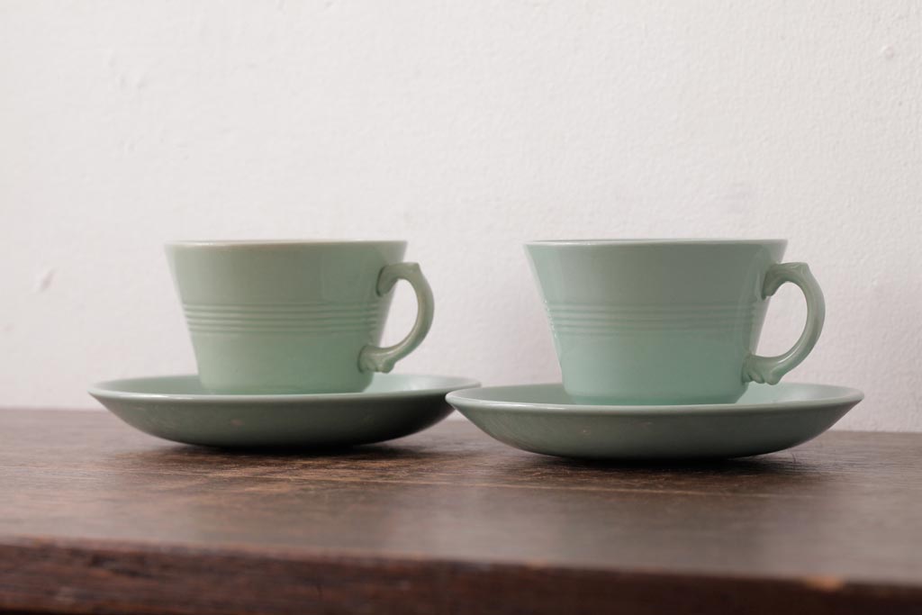 ビンテージ雑貨　イギリスヴィンテージ　Woods ware(ウッズウエア)　Beryl(ベロル)　カップ&ソーサー2客セット(R-036420)