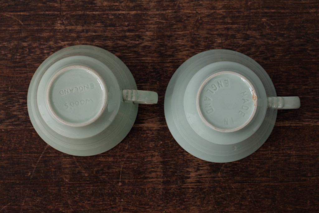 ビンテージ雑貨　イギリスヴィンテージ　Woods ware(ウッズウエア)　Beryl(ベロル)　カップ&ソーサー2客セット(R-036420)