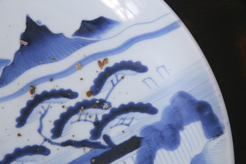 アンティーク雑貨　江戸期　山水図　染付　一尺一寸　大皿(和食器)