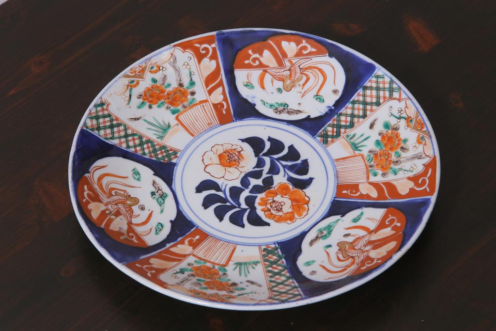 アンティーク雑貨　明治期　色絵　草花文　一尺一寸　鮮やかな色使いが印象的な大皿(和食器)