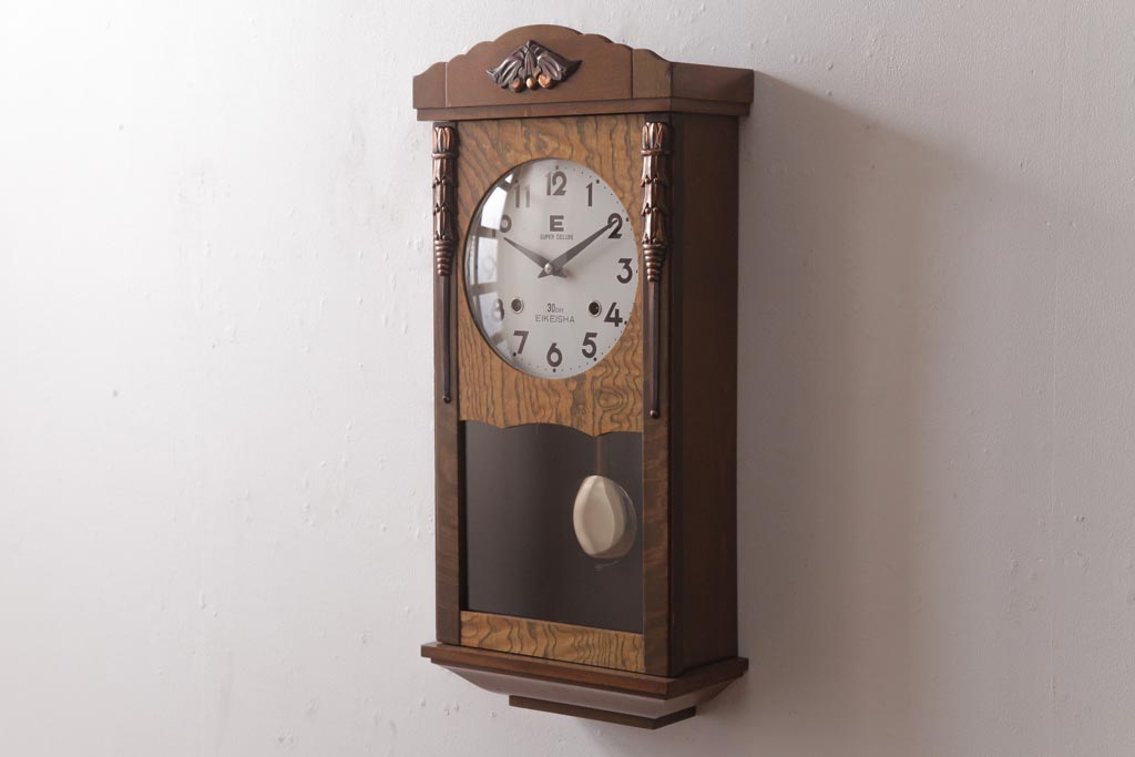 アンティーク雑貨　昭和レトロ　EIKEISHA(栄計舎)　SUPER DELUXE　手巻き式　30DAY　振り子時計(柱時計、壁掛け時計)(1)