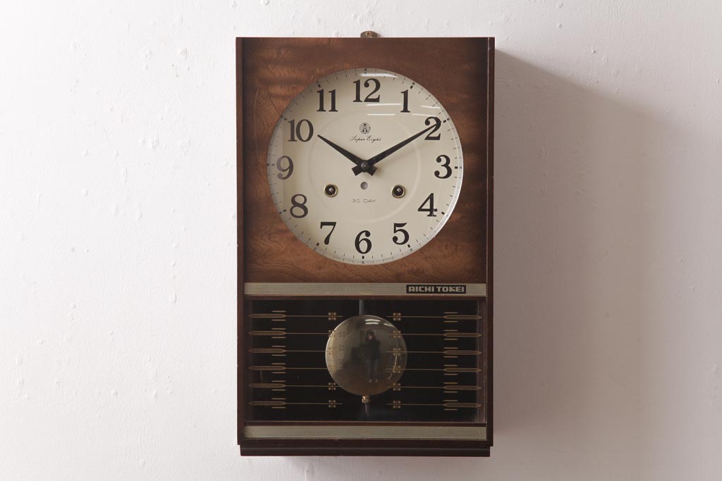 アンティーク雑貨　AICHI(アイチ、愛知時計電機)　手巻き式　30DAY　Super　Eight　掛け時計(柱時計、振り子時計)