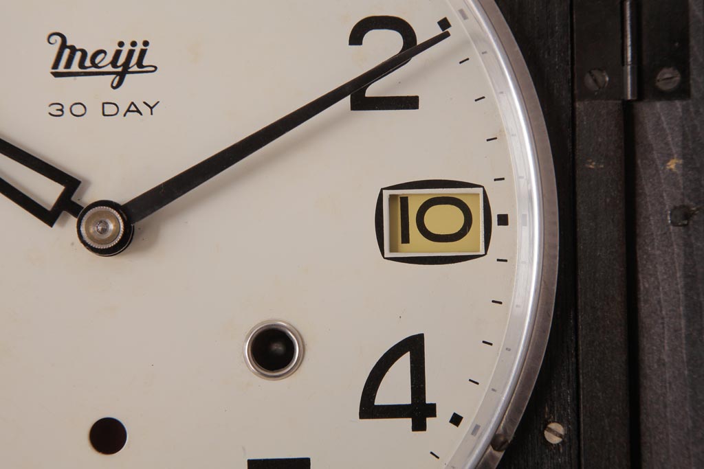 レトロ雑貨　Meiji(明治時計社)　30DAY　手巻き　ガラス窓がおしゃれなゼンマイ式振り子時計(柱時計、掛け時計)