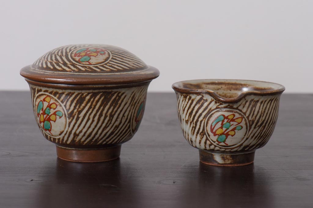 人間国宝　島岡達三　象嵌赤絵　草花文コーヒーセット(カップ&ソーサー、クリーマー、シュガーポット)