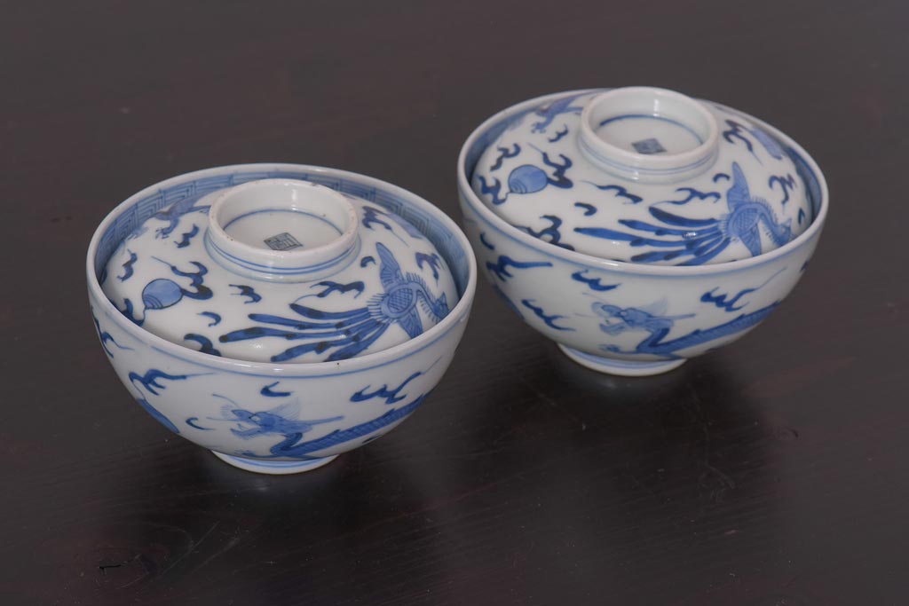 アンティーク雑貨　江戸期　伊万里　鳳凰　蓋付き茶碗2客セット(和食器)(R-036529)