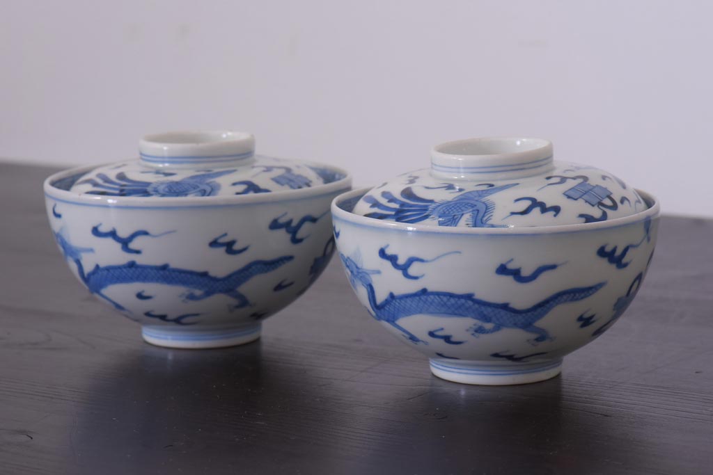 アンティーク雑貨　江戸期　伊万里　鳳凰　蓋付き茶碗2客セット(和食器)(R-036529)