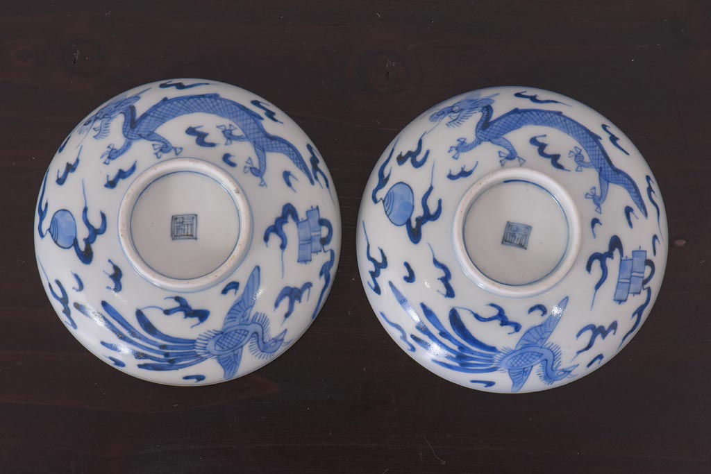 アンティーク雑貨　江戸期　伊万里　鳳凰　蓋付き茶碗2客セット(和食器)(R-036529)