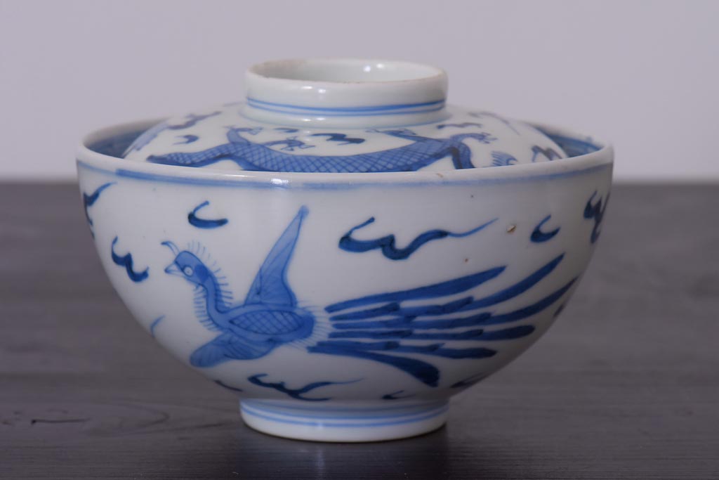 アンティーク雑貨　江戸期　伊万里　鳳凰　蓋付き茶碗2客セット(和食器)(R-036529)