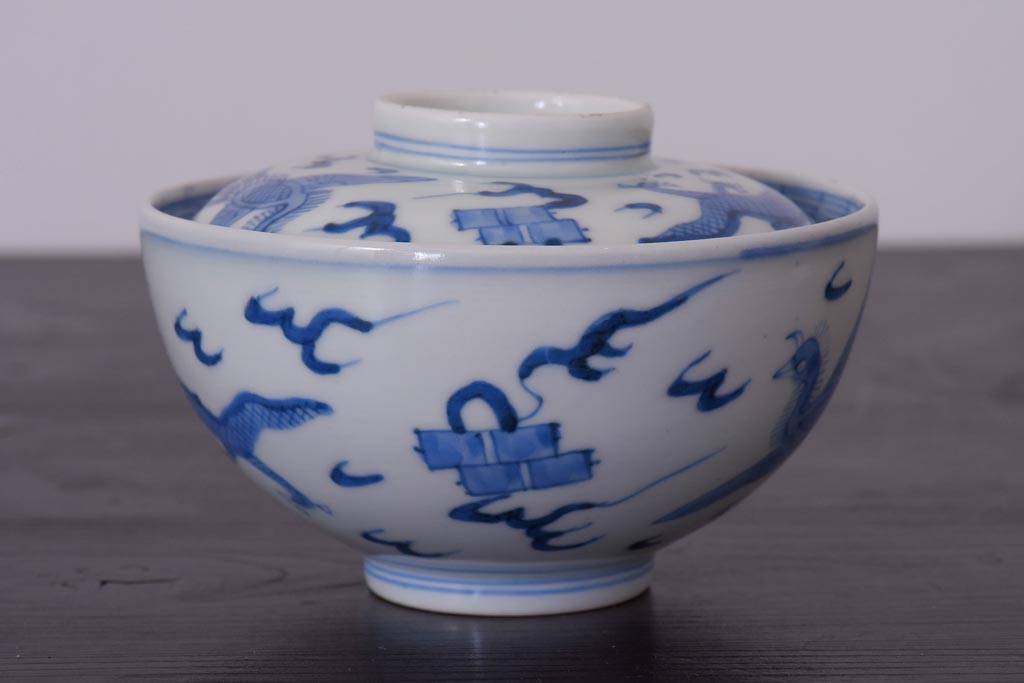 アンティーク雑貨　江戸期　伊万里　鳳凰　蓋付き茶碗2客セット(和食器)(R-036529)